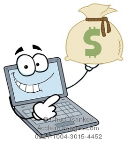 Clipart Image of A Cartoon Laptop With a Bag of Money