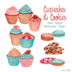 cupcake watercolor clipart, cookies graphic set, blue cupcakes, cakes and  treats clip art handpainted graphics by SLS Lines