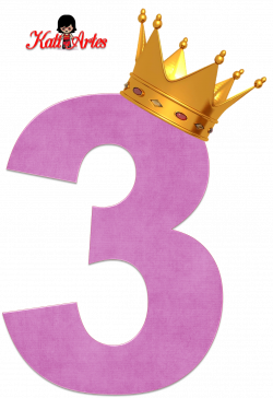 Alfabetos de números violeta claro con coronas. Número tres, 3 ...