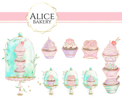 watercolor pink cupcake Clipart mint bakery cake stand sticker hand drawn  painted food illustration cute elegant feminine cakery cafe