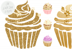 Cupcake Clipart Set - In Gold, Glitter, Sparkle & Pastels - Golden Ink  Splatter Overlays Included