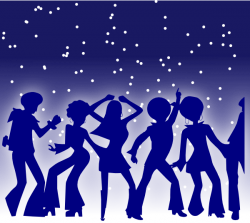 Stylized images of disco dancers are silhouetted against a starlit ...