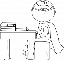 Black and White Boy Superhero at School Desk Clip Art - Black and ...