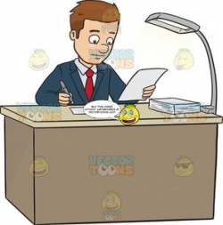 Business Man Sitting At A Desk Looking At Paperwork