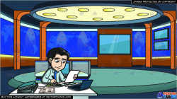 A Man Sitting At His Desk Taking Notes and A News Studio Background