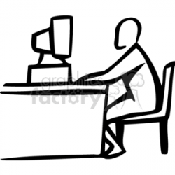 Black and White Person Sitting at a Desk Working on a Computer clipart.  Royalty-free clipart # 158572