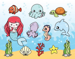 Cute Sea Creatures Clipart, Baby, Octopus, Seahorse, Mermaid ...