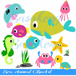 Sea Animal Clip Art ClipArt - fish dolphin crab seahorse whale starfish  squid turtle digital art for commercial use