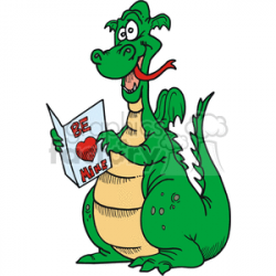 Funny cartoon green dragon reading a valentines card clipart. Royalty-free  clipart # 373435