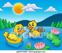 Stock Illustration - Two ducks and water lillies. Clipart ...