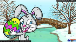 An Easter Bunny Carrying A Colorful Egg and A Bridge Over A Frozen Stream  Background