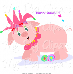 Swine Clipart of a Cute Pink Jester Pig with Easter Eggs on ...