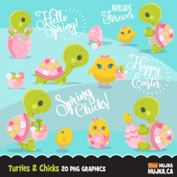 Easter Turtle and Chicks clipart, cute spring graphics ...