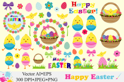 Happy Easter Clipart Cute Easter chick, basket, eggs Vector graphics Easter  illustrations