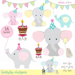 BABY ELEPHANT BIRTHDAY - Clip art & digital papers set in premium quality  300 dpi, Png and Jpeg files.