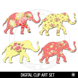 Digital Clipart Set of 4 Bohemian Shabby Chic Elephants in ...