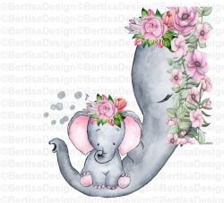 Elephant Clipart, Mother and Baby Elephant, PNG Sublimation Design,  Watercolor baby elephant, Floral Clipart, Digital Download, Printable