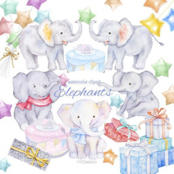 Watercolor Elephant Clipart, Digital Lovely Baby Animal Clip ...