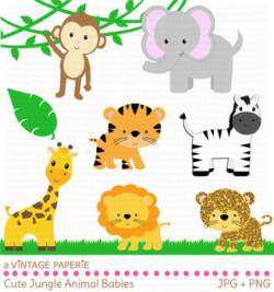Safari or Jungle Animals Clip Art - Clipart - Tiger Giraffe Lion Monkey  Elephant