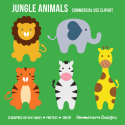 Jungle Animal Clipart: Cute Elephant, Lion, Giraffe, Tiger ...
