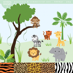 Jungle Safari Animal Clip Art - monkey, tiger, giraffe ...