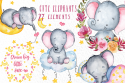 Cute Elephant clipart,WATERCOLOR ANIMALS, Baby shower clipat