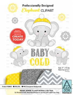 Winter elephant clipart yellow polka dots snow flakes cold baby clipart