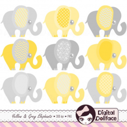 Yellow and Gray Elephant Clip Art, Baby Elephant Clipart, Graphic Images