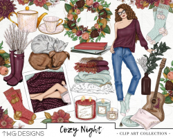 Cozy Fall Fashion Girl Clip Art Watercolor Clipart Blankets Tea Floral Dog  Cat Guitar Planner Glitter Hand Drawn Planner Sticker Graphics