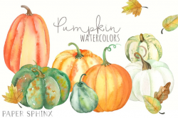 Watercolor Pumpkins Clipart | Fall Clip Art - Pumpkins and Leaves -  Thanksgiving Harvest - Halloween Jack O Lantern - Digital Download