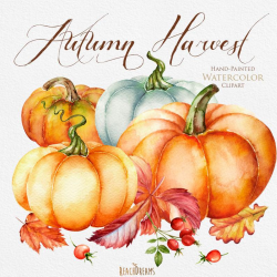Pumpkin watercolor clipart, Halloween, Autumn, Briar, Yellow Leaves,  digital clipart, hand painted clipart, fall clipart, instant download