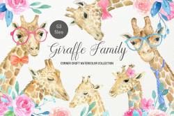 Watercolor giraffe portrait, giraffe family clipart