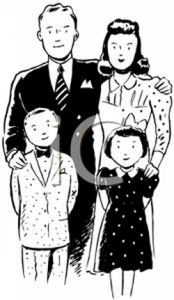 A Retro Cartoon of Family of Four - Royalty Free Clipart Picture