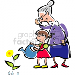 A little girl and her grandmother watering flowers clipart. Royalty-free  clipart # 157521