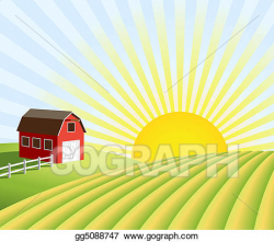 Stock Illustrations - Farm and fields at sunrise. Stock ...