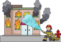 Firefighter Throwing Water At A Building On Fire | Vector ...