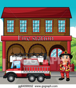 EPS Vector - A fireman with a fire truck in a fire station ...