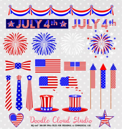 4 July Clipart Fireworks flag bunting banners hats tie USA celebration  planner stickers PNG Transparent Background Personal & Commercial Use
