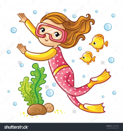 Scuba Diving. Girl swimming under water with fish ...