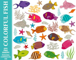 Digital Colourful Fish Clip Art - Sea, Underwater, Fish, Coral, Ocean,  Starfish, Sea Shell, Seaweed Clip Art