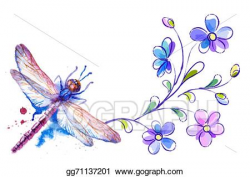 Vector Illustration - Dragonfly and flowers on the white ...