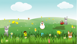 Free Easter Landscape with bunnies, chicks, eggs, chicken, flowers ...