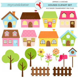 Little Houses Clipart Set - house clip art set, flowers, trees, fences,  birdhouse - personal use, small commercial use, instant download