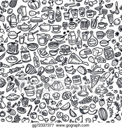 Vector Stock - Doodle food icons seamless background. Stock ...