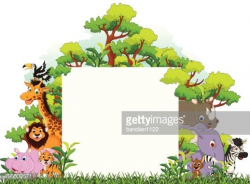 Cute Animal Cartoon With Blank Sign and Tropical Forest ...