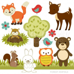 Forest Friends Cute Digital Clipart - Commercial Use OK - Woodland Animals  Clipart, Forest Animals Graphics, Forest Animal Clipart