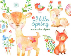 Hello Spring. Watercolor animals and floral clipart, deer ...