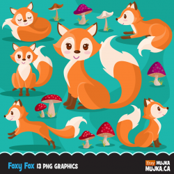 Woodland Fox clipart. Baby fox graphics with cute mushrooms