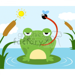 Cartoon Frog On a Leaf Catching Fly Scene clipart. Royalty-free clipart #  381849