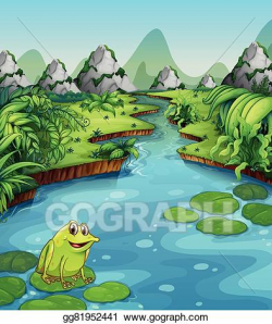 Vector Clipart - River scene with frog on leaf. Vector ...